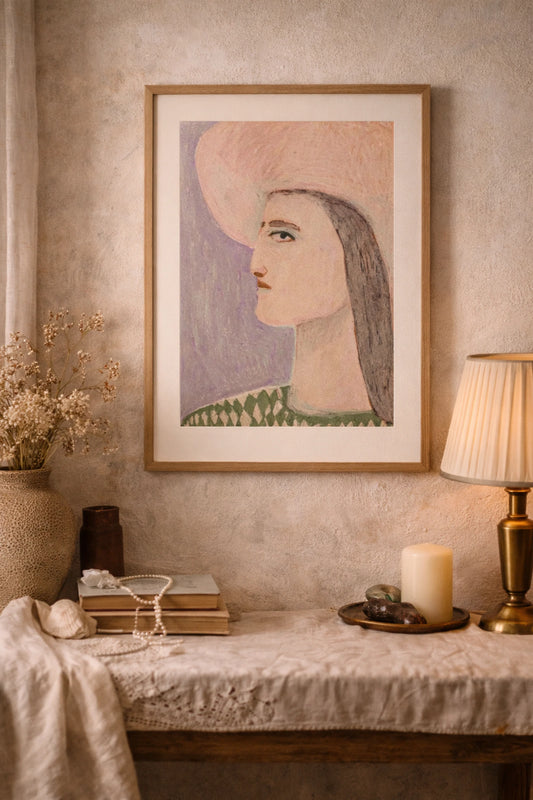 Porträttposter av kvinna i ekram på textilklätt bord med varm vintageinspirerad interiör.