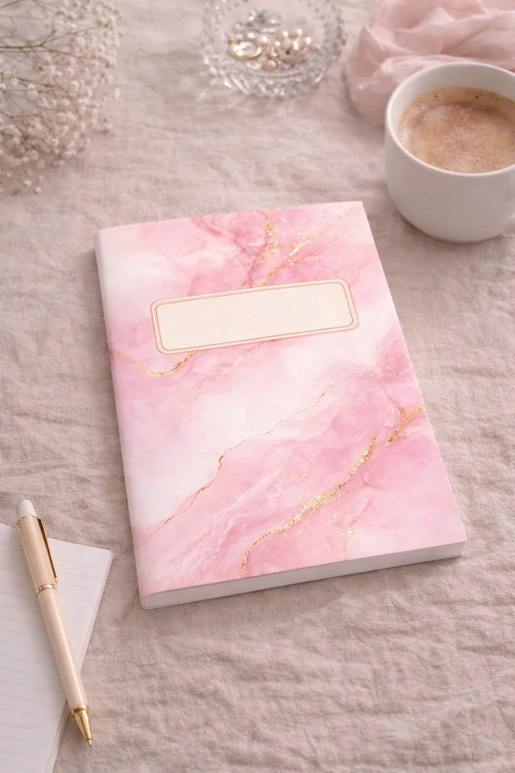Blush Marble Notebook på skrivbord i rosa marmordesign med guldinslag