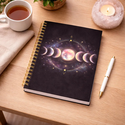 spiralblock med månfaser och kosmiskt motiv som lyser upp med kontrast av mörka toner som bakgrund, som ligger på ett bord