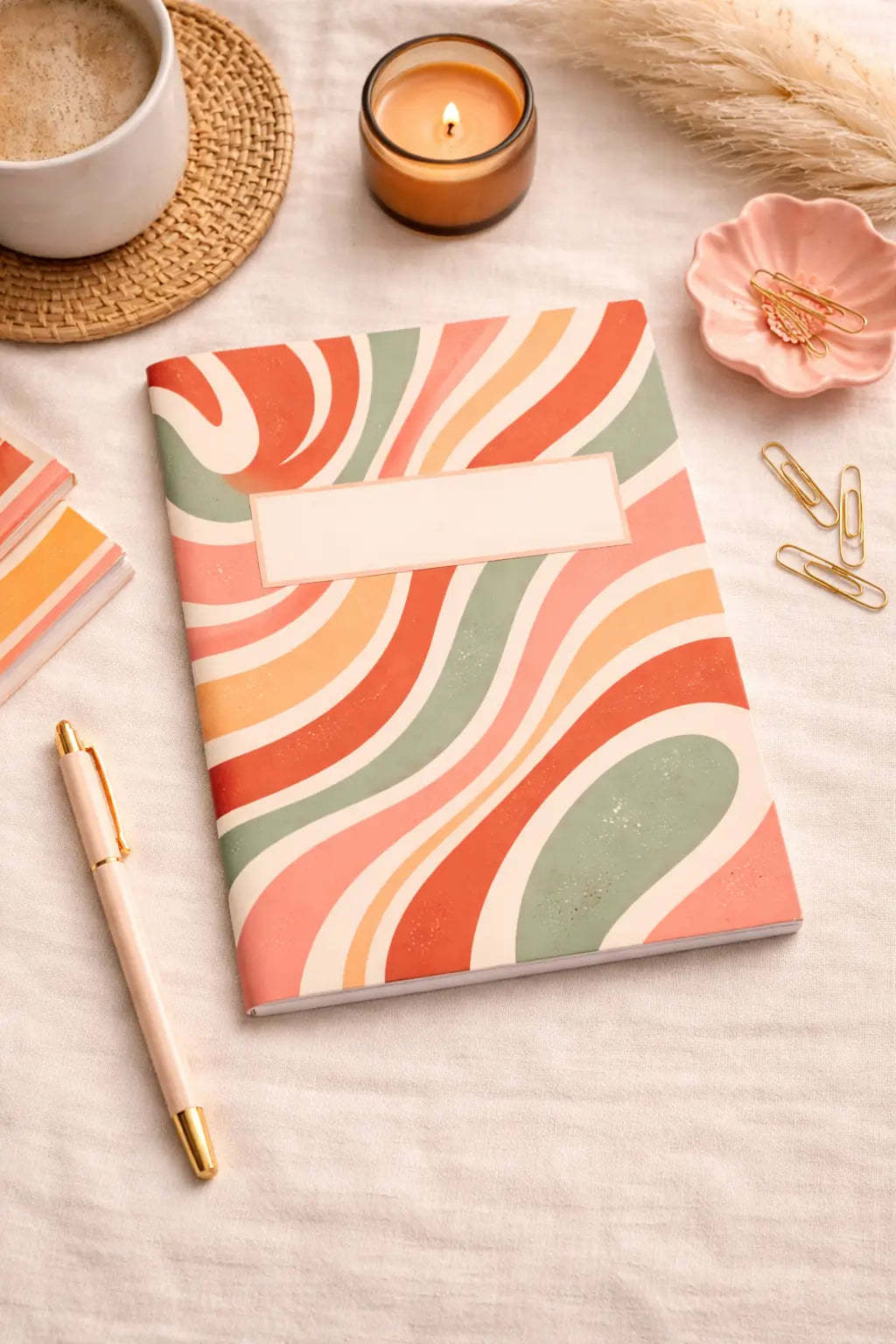 Retro hippie style notebook med vågmönster i korall, aprikos och grön anteckningsbok design