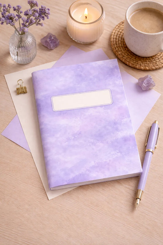 Lavender Dream Notebook på skrivbord i ljusa lila toner med stilren och harmonisk design