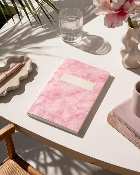 Rose Marble Notebook på skrivbord. Elegant anteckningsbok i rosa marmordesign med gulddetaljer