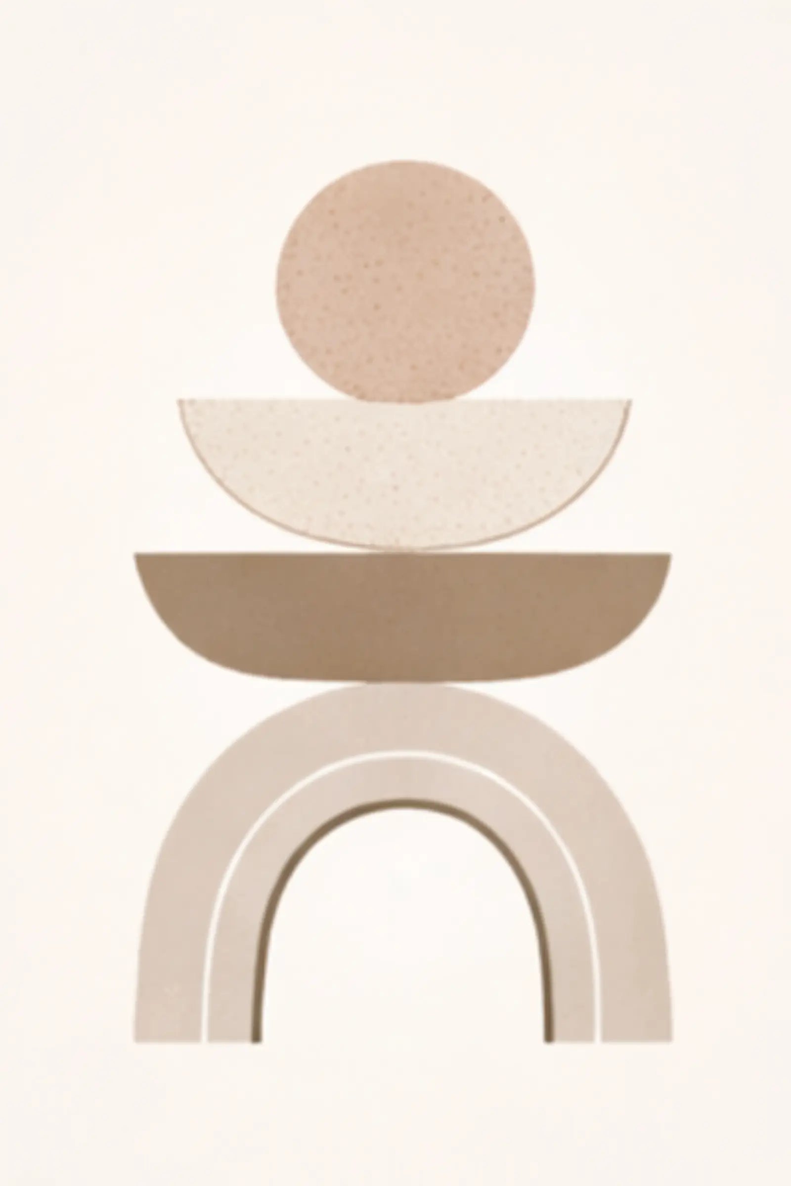 Minimalistisk beige poster med staplade geometriska former och bågdesign i mjuka jordnära toner.