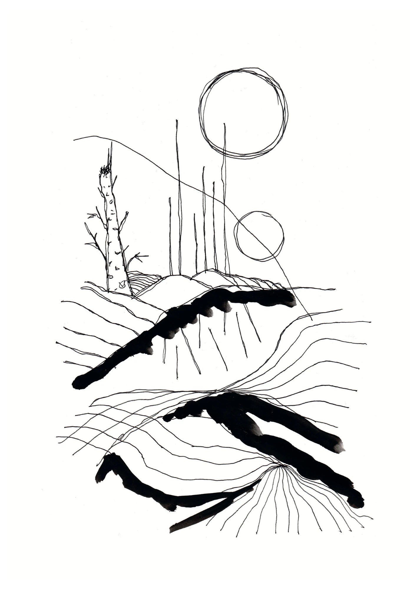 Minimalistisk abstrakt poster med svarta organiska linjer och tunna grafiska detaljer på ljus bakgrund.