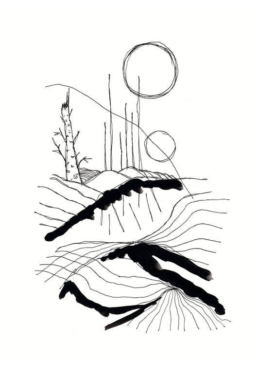 Minimalistisk abstrakt poster med svarta organiska linjer och tunna grafiska detaljer på ljus bakgrund.