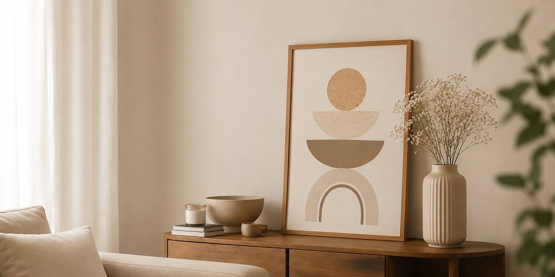 Beige abstrakt poster i ekram på träsideboard med keramik och torkade blommor i varm interiör.