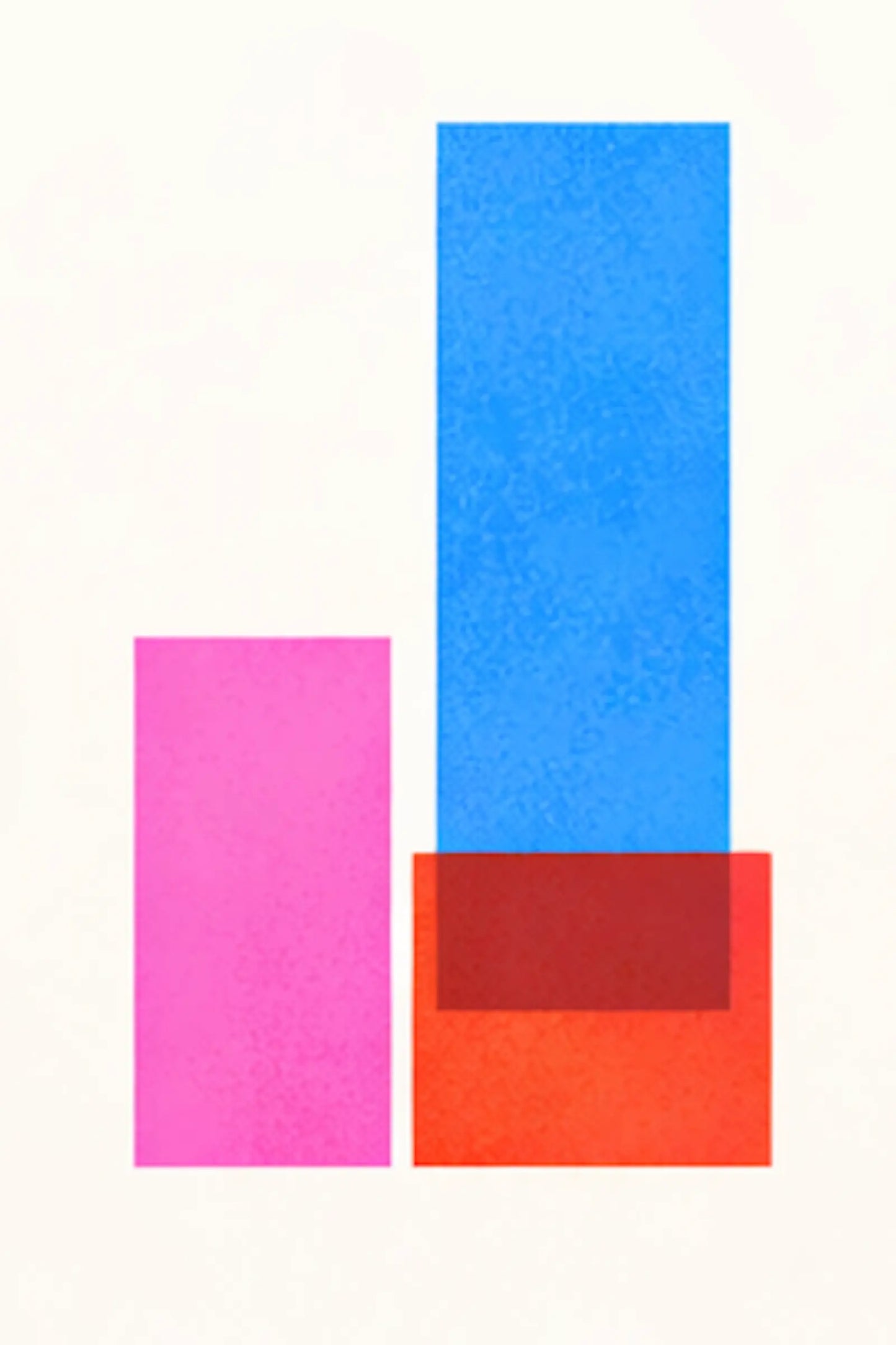 Minimalistisk abstrakt poster med färgblock i blått, rosa och orange på ljus bakgrund.
