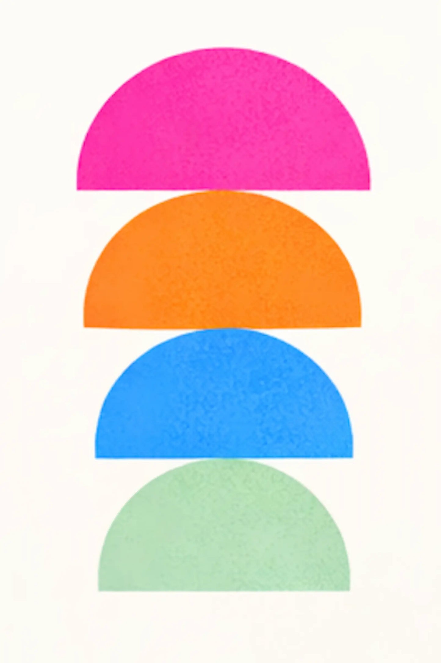 Minimalistisk grafisk poster med färgglada halvcirklar i rosa, orange, blått och grönt.