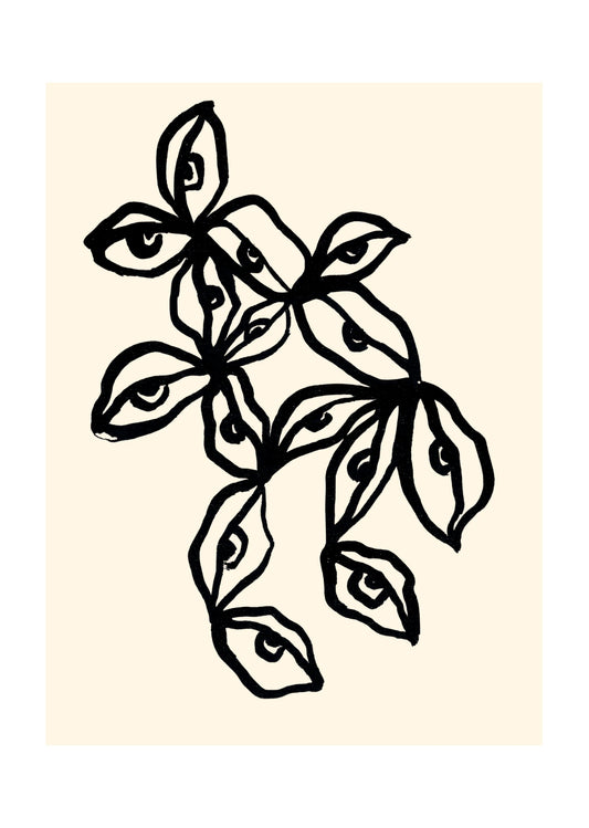Abstrakt botanisk poster med svarta organiska former och handritade ögon på beige bakgrund.
