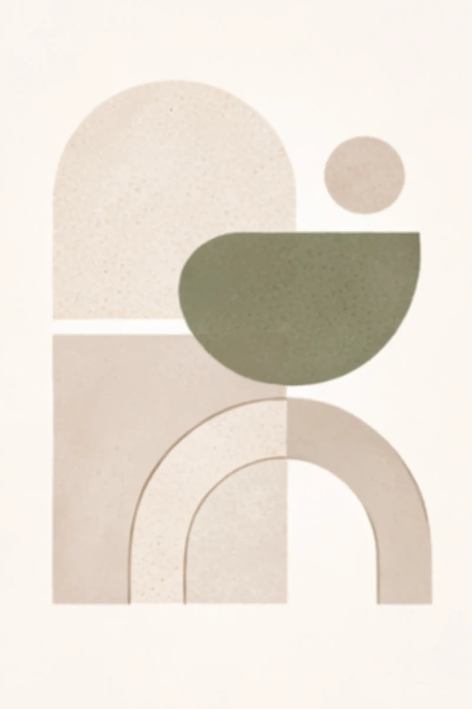 Minimalistisk abstrakt poster med geometriska former i beige och olivgröna toner.