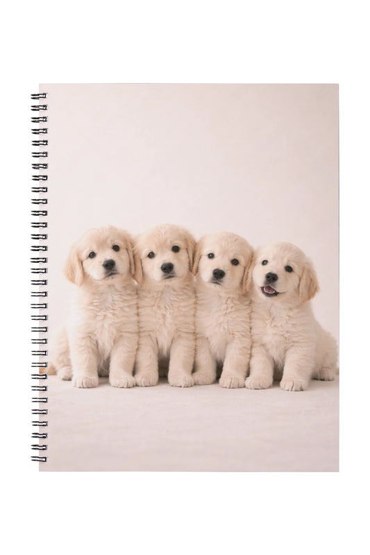 Kollegieblock med fyra golden retriever-valpar i mjuka beige toner och varm, lekfull känsla.