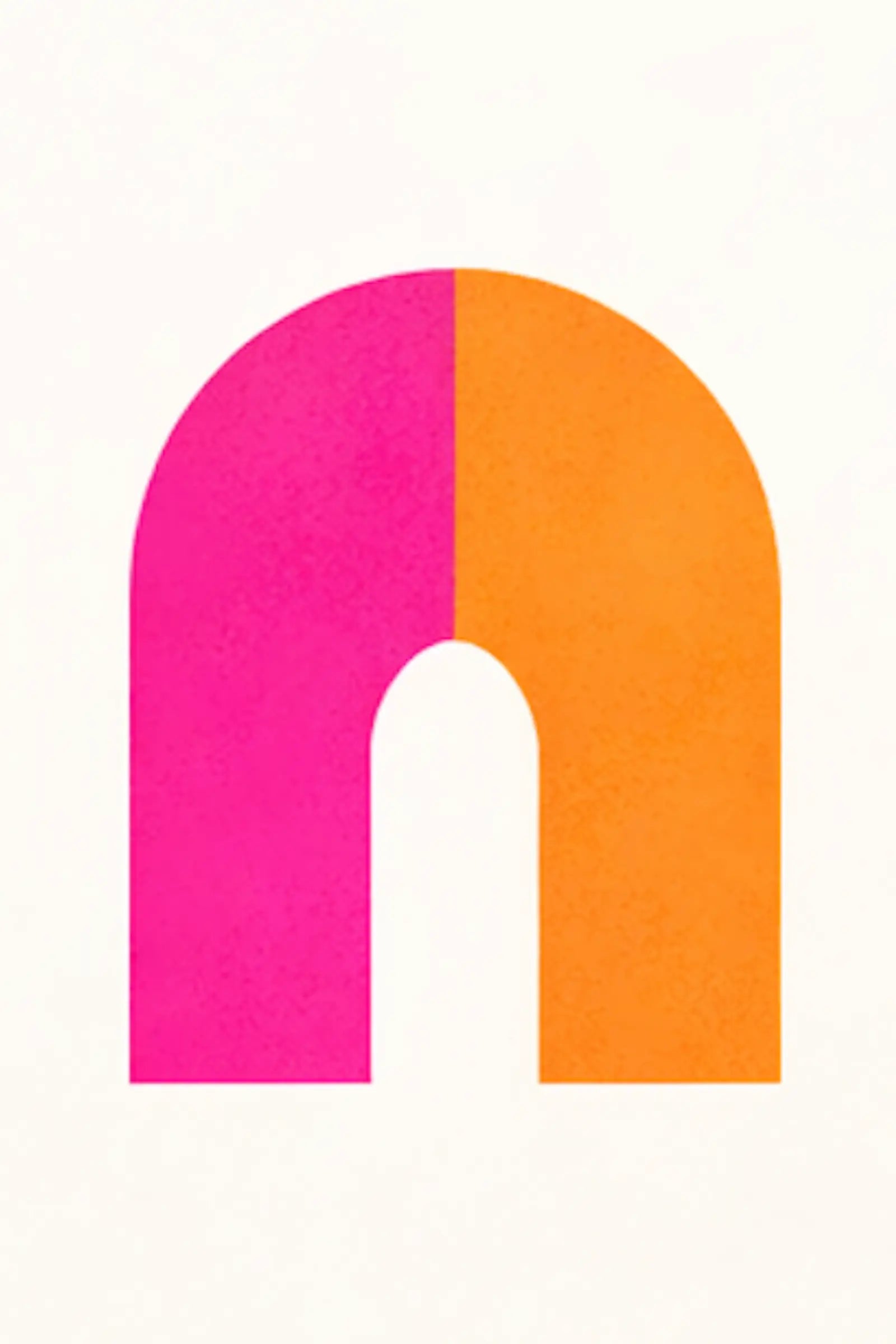 Minimalistisk grafisk poster med rosa och orange bågform på ljus bakgrund.