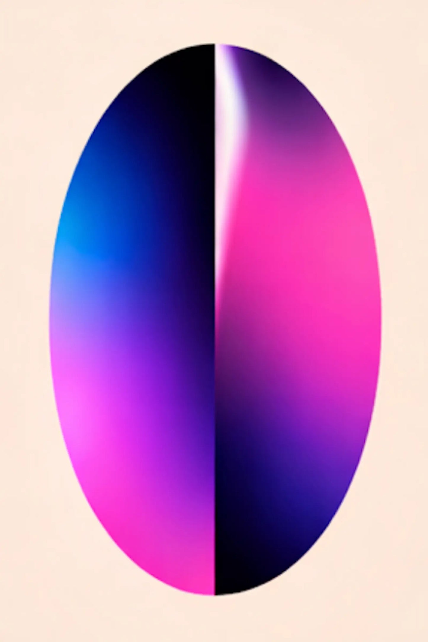 Minimalistisk abstrakt poster med oval form i neonrosa, blå och lila gradienttoner.