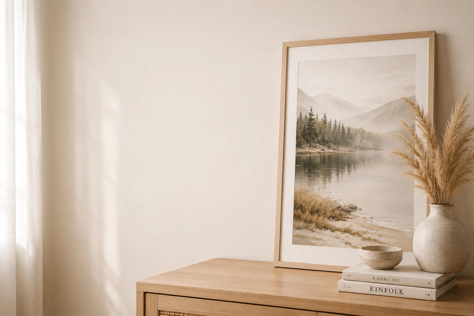 Skandinavisk poster med lugnt sjölandskap på träbyrå i beige minimalistisk interiör.