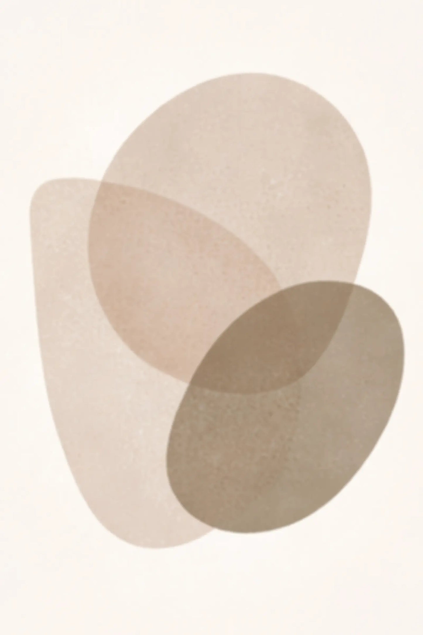 Minimalistisk abstrakt poster med överlappande organiska former i mjuka beige och jordnära toner.