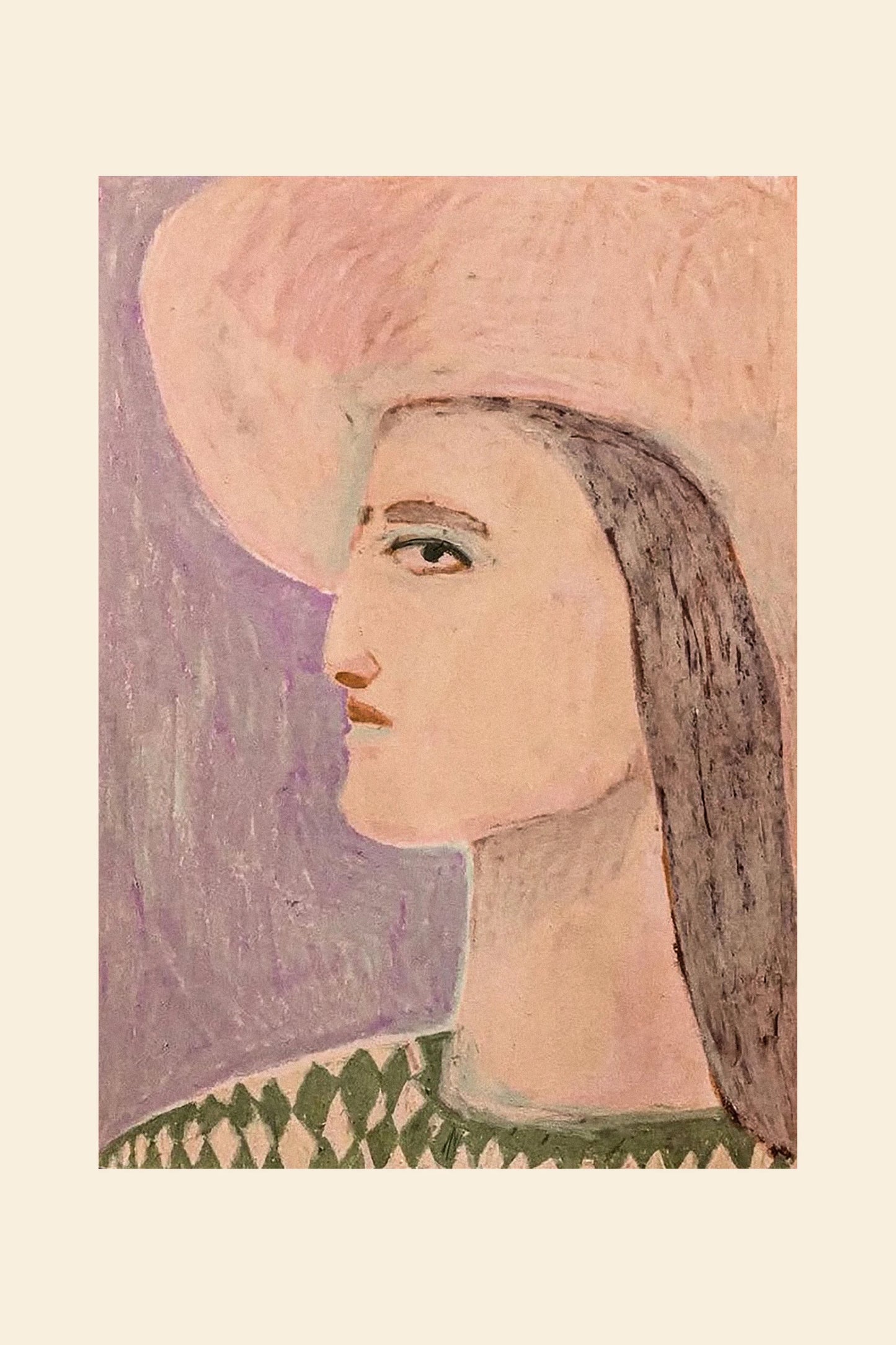 Porträttposter av kvinna i hatt med mjuka rosa, beige och lila toner i målad vintage stil.