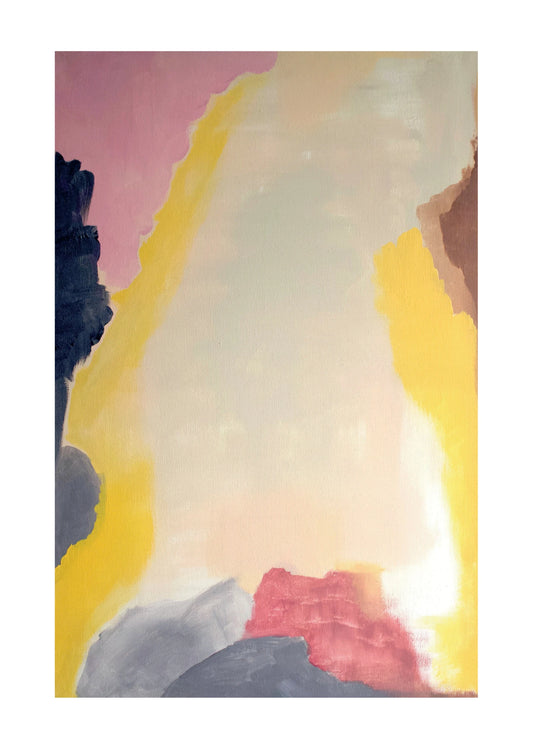 Abstrakt poster med mjuka färgfält i rosa, gult, blått och beige i modern konststil.