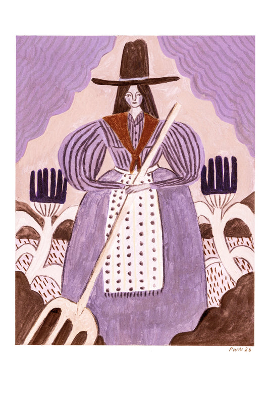 Illustrerad poster med kvinna i lila klänning och hatt i drömsk folkloristisk stil.