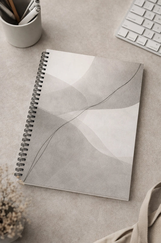 Minimalistiskt kollegieblock med abstrakt linjemotiv på stilrent skrivbord i mjuka beige och grå toner.