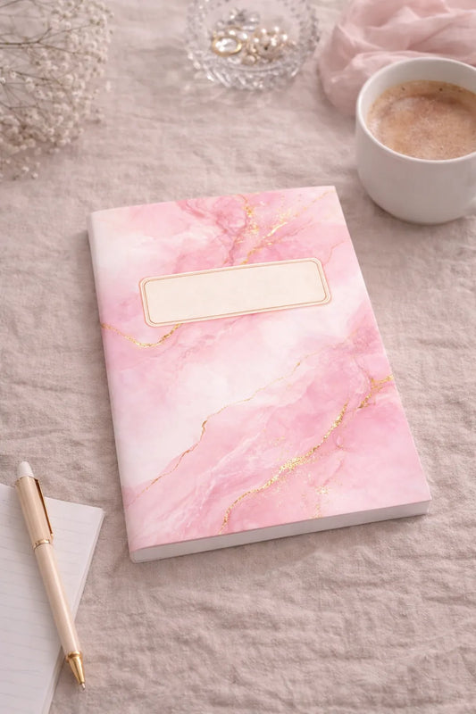 Blush Marble Notebook på skrivbord i rosa marmordesign med guldinslag
