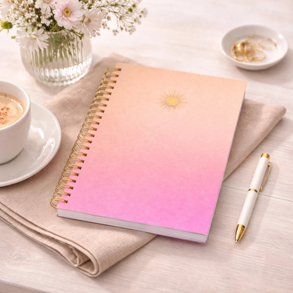 spiralblock med gradient i rosa och persikofärgade toner och solsymbol i guld, som ligger på ett bord.