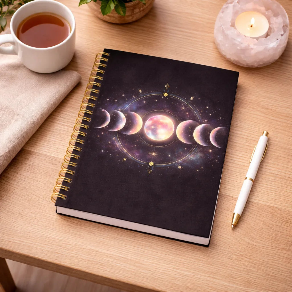 spiralblock med månfaser och kosmiskt motiv som lyser upp med kontrast av mörka toner som bakgrund, som ligger på ett bord