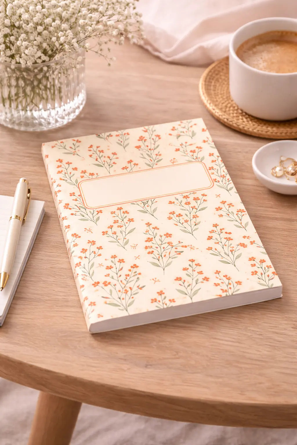 Flower power notebook på bord i mjuk miljö med blommigt mönster och vintage känsla