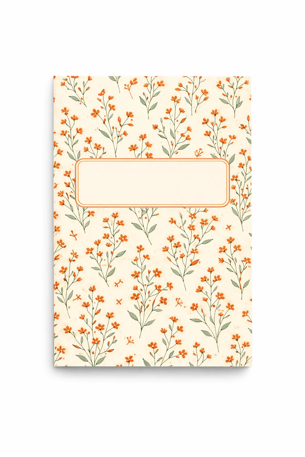 Flower power notebook med blommigt mönster i korall och grön samt centrerad etikett