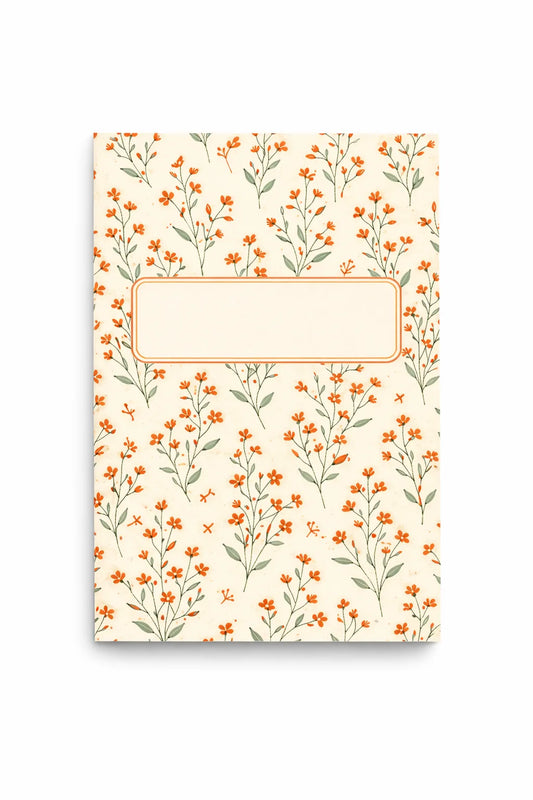 Flower power notebook med blommigt mönster i korall och grön samt centrerad etikett