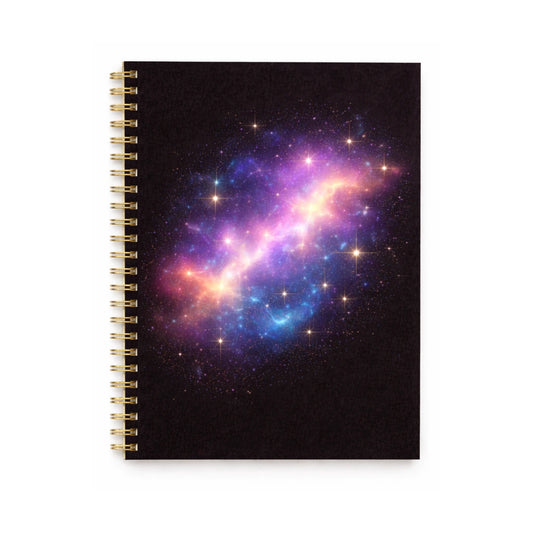 spiralblock med ett färgstarkt galaxmotiv och lysande stjärnor mot en mörk bakgrund