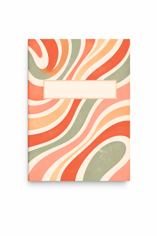 Retro hippie style notebook med vågmönster i korall, aprikos och grön anteckningsbok design