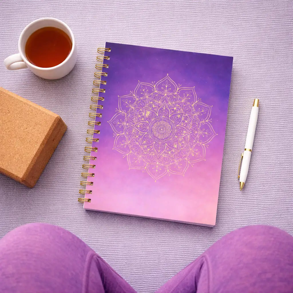 spiralblock med mandala i guld och gradient i lila och rosa toner, som ligger på en yogamatta. 