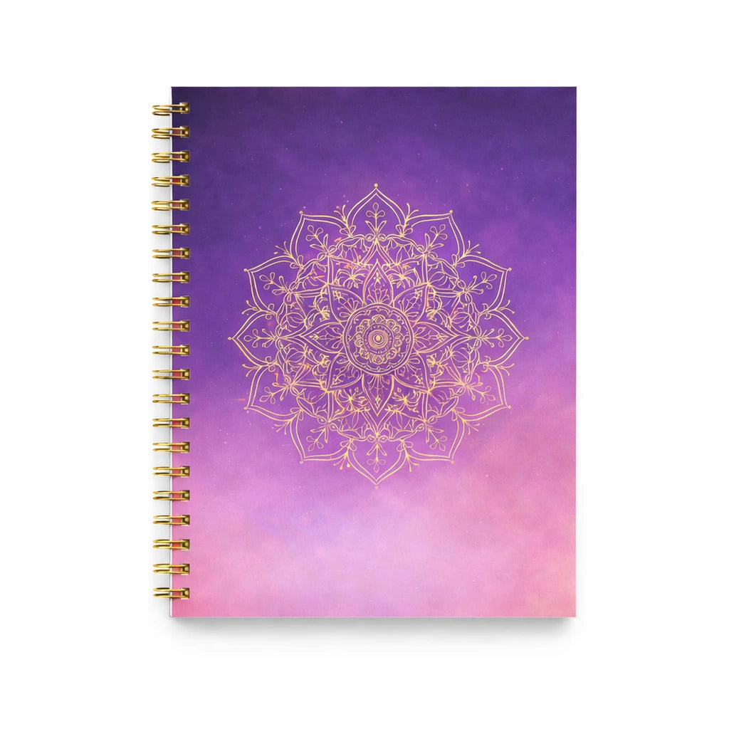 spiralblock med mandala i guld och gradient i lila och rosa toner