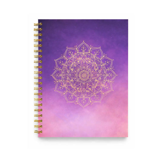 spiralblock med mandala i guld och gradient i lila och rosa toner