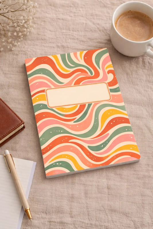 Retro wave notebook med vågigt mönster i korall, aprikos och grön samt centrerad etikett på framsidan, placerad på bord med kaffe i mjuk vårmiljö