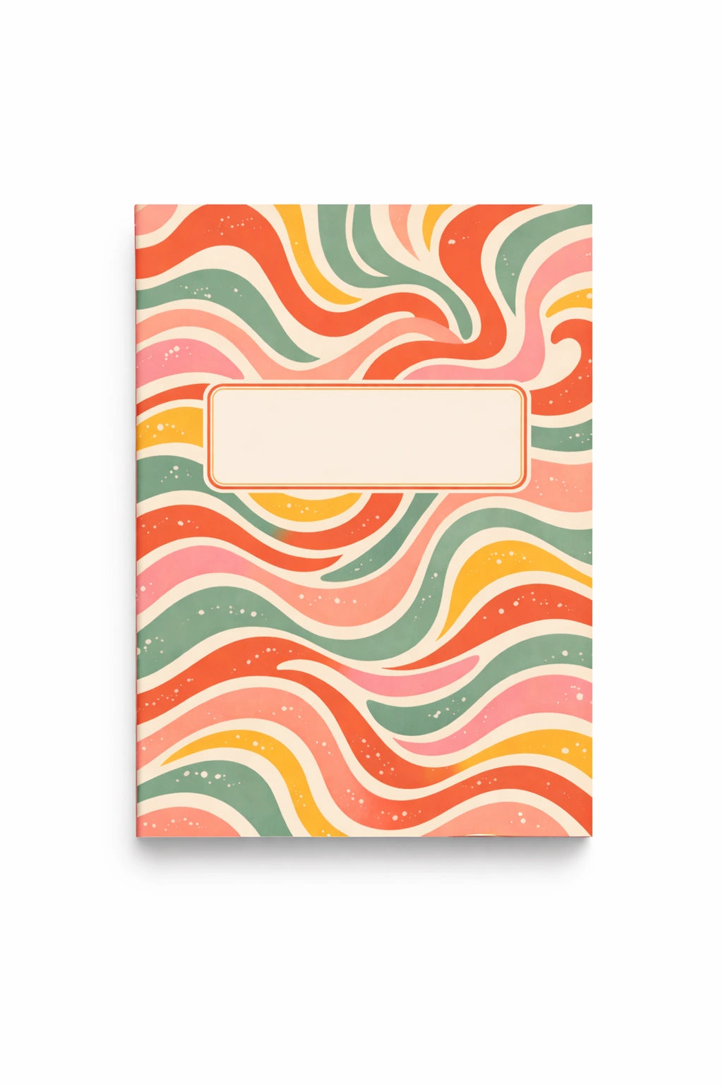Retro wave notebook med vågigt mönster i korall, aprikos och grön färg samt centrerad etikett på framsidan