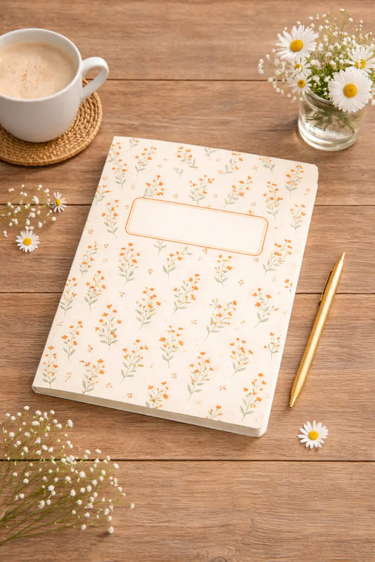 Spring bloom notebook på bord med blommor och kaffe i mjuk vårmiljö