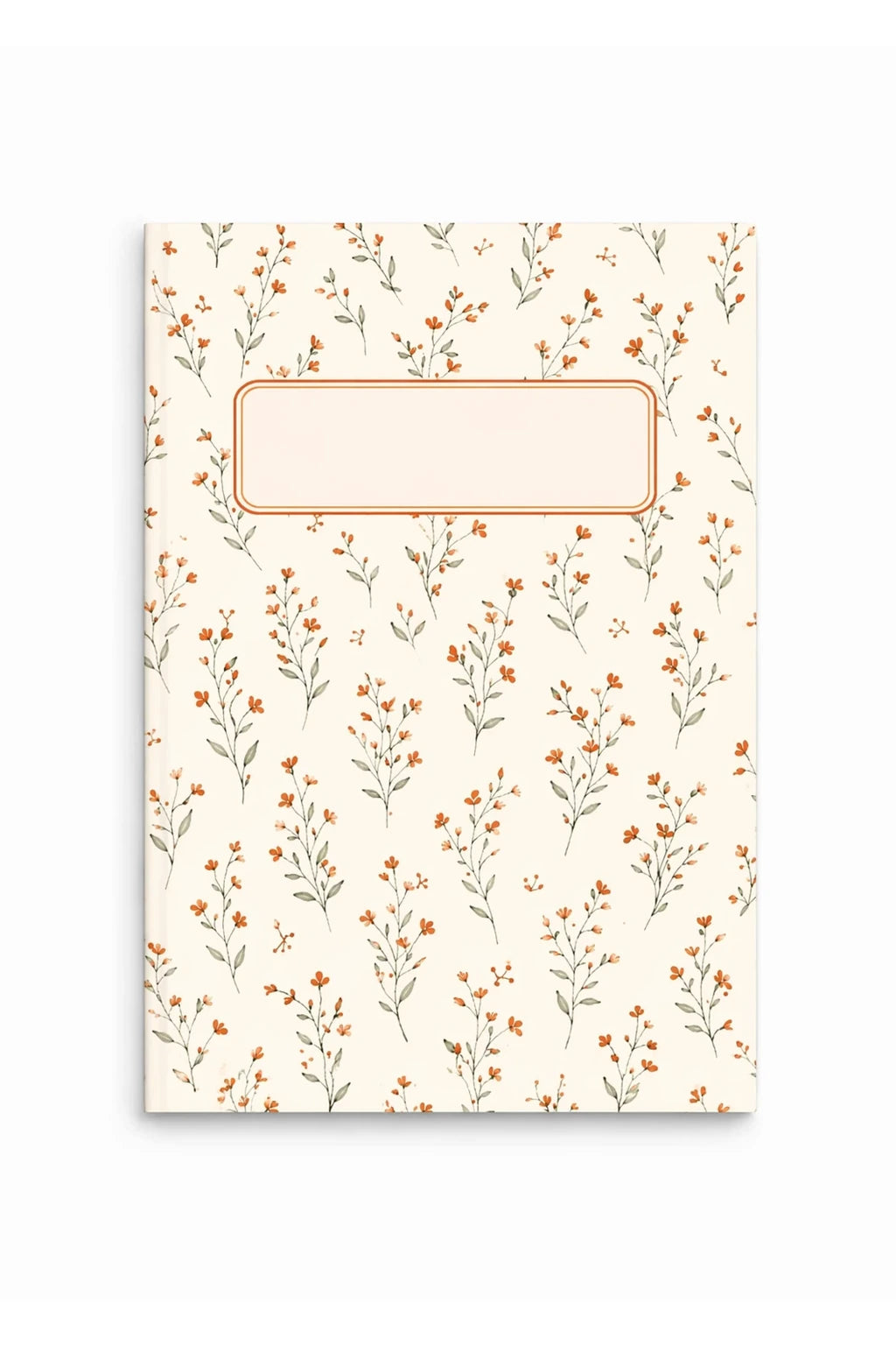 Spring bloom notebook med blommigt mönster i korall och grön samt centrerad etikett