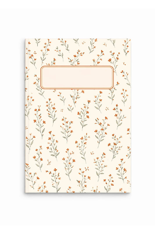 Spring bloom notebook med blommigt mönster i korall och grön samt centrerad etikett