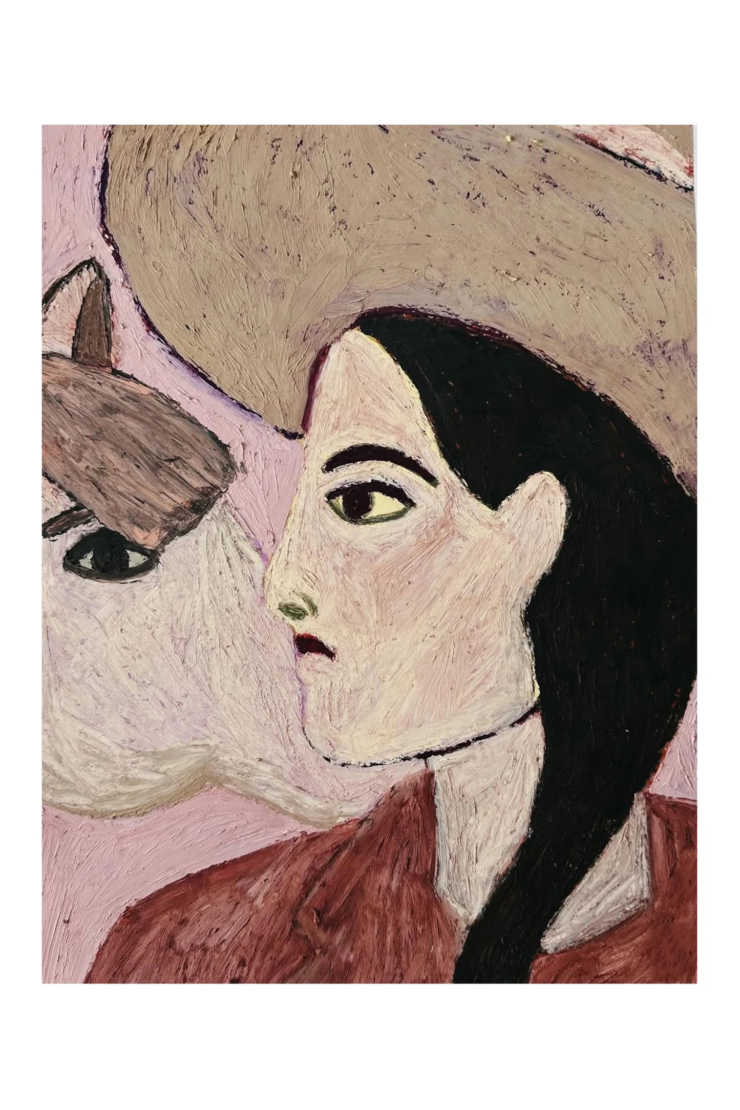 Expressionistisk porträttposter med kvinna och katt i rosa, beige och mörka jordnära toner.